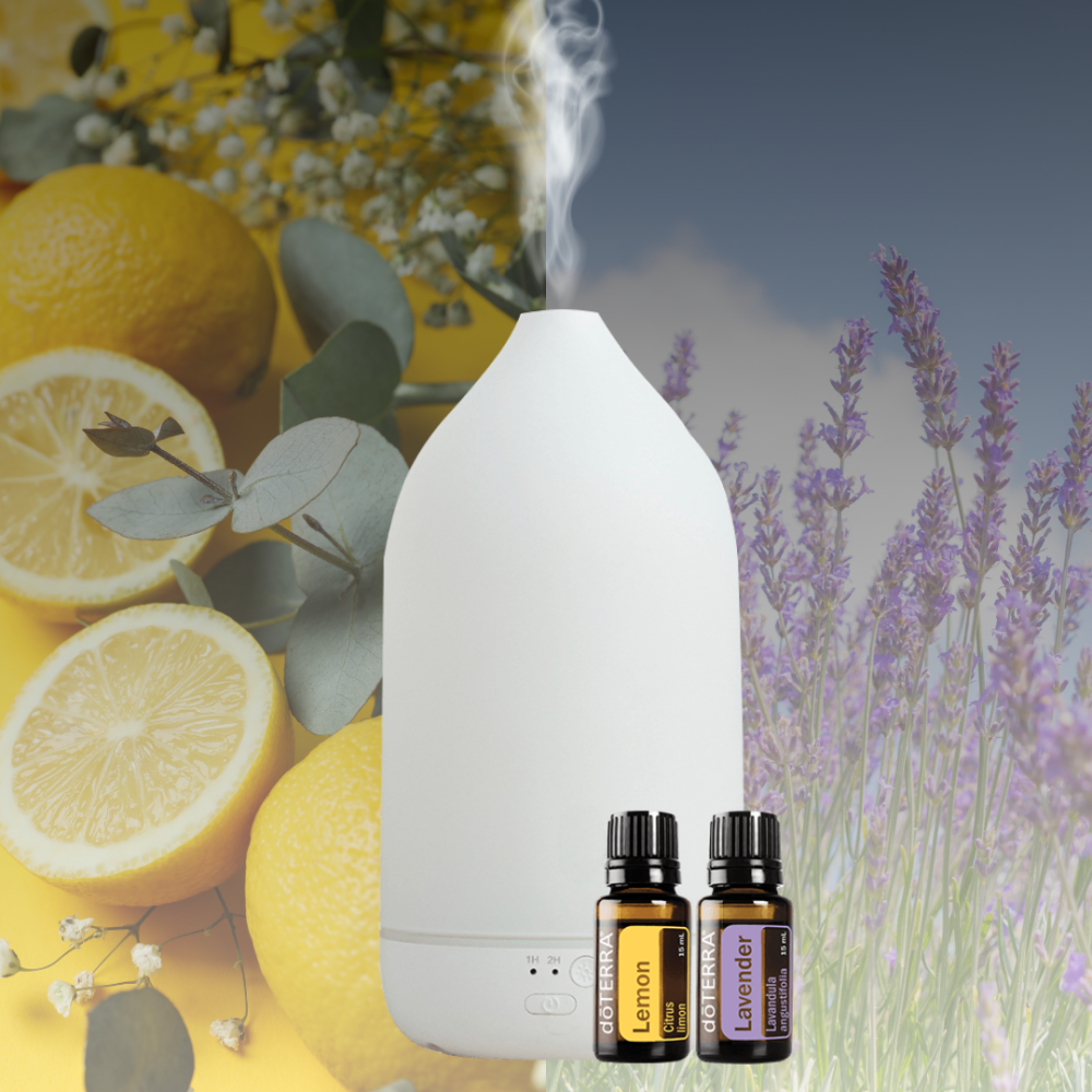 فواحة زجاج فاخر (ماء) + زيت الليمون و الخزامى (صافي، عضوي)